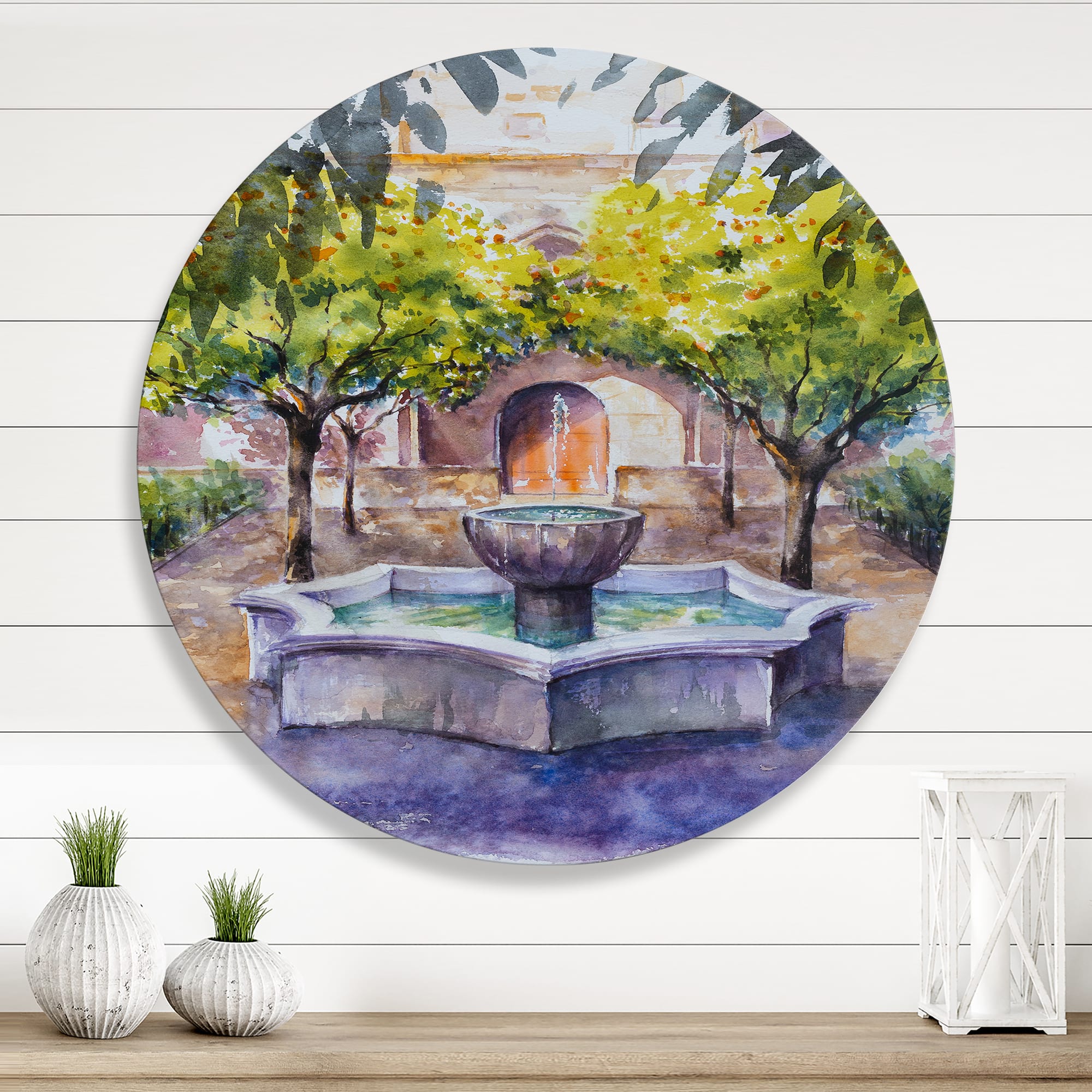 Designart - Small Fountain Picture With Trees In The Village